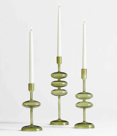 Venezia Olive Green Glass Taper Candle Holders, Set of 3