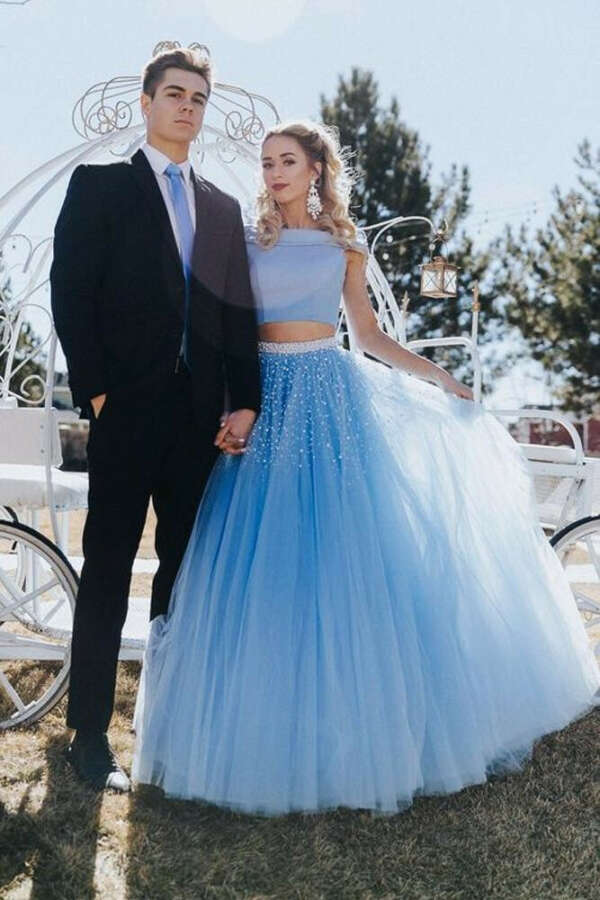 Stunning A Line Off the Shoulder Two Piece Sky Blue Tulle Prom Dresses PFP0669