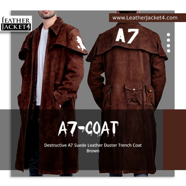 Destructive A7 Suede Leather Duster Trench Coat Brown