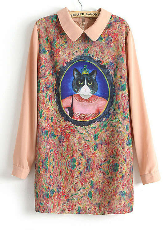 Pink Long Sleeve Cat Queen Print Straight Dress