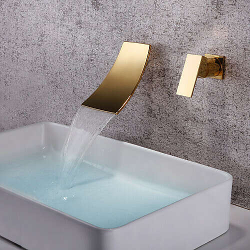 Contemporary  Waterfall Ti-PVD Wall Mounted Single Handle Two Holes Bathroom Sink Faucet– FaucetSuperDeal.com
