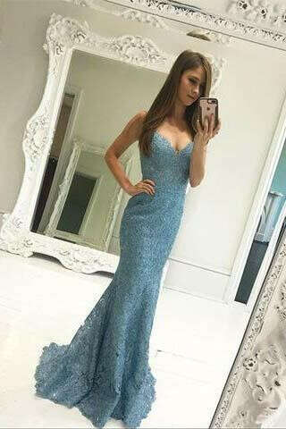 Sweetheart Mermaid Blue Lace Long Prom Dress,Formal Evening Dress PFP0868