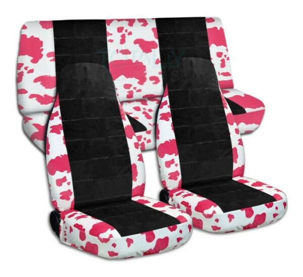 Full Set Animal Print and Black Car Seat Covers: Pink-White Cow and Black