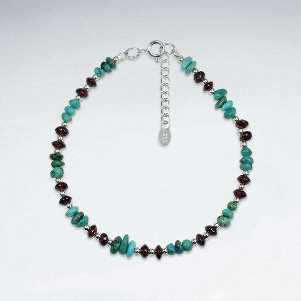 Women&#039;s Mini Beaded Bracelet Turquoise, Garnet & Silver