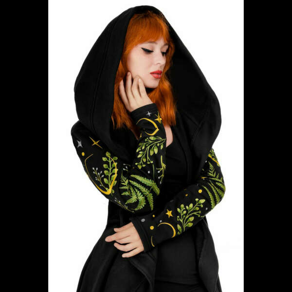 Long pagan HERBAL Hoodie with fern and crescent oversized hood by Restyle