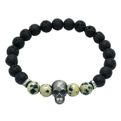 DALMATIAN & LAVA STONES WITH SILVER SKULL BRACELET