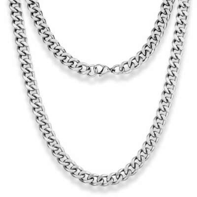 9mm Curb Mens Necklace - Silver Chain Stainless Steel