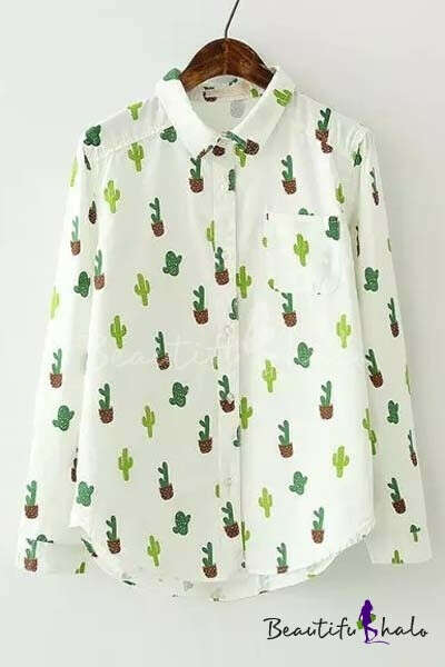 New Arrival Cute Cactus Print Long Sleeve Lapel Shirt