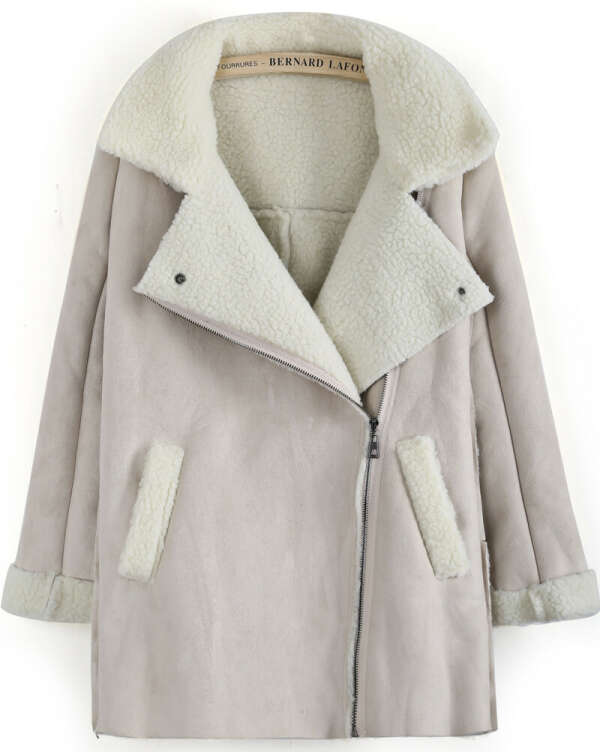 Beige Lapel Long Sleeve Wool Deerskin Coat