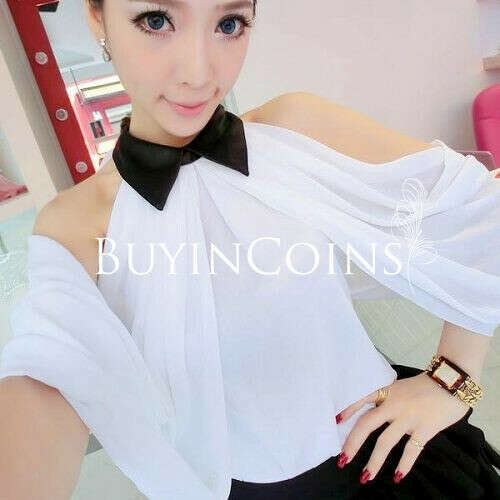 New Fashion Women Chiffon Solid Color Bow Off-Shoulder Top Blouse Shirt CA1115