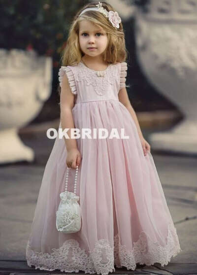 Pink Tulle Flower Girl Dresses, Lace Applique Popular Little Girl Dresses