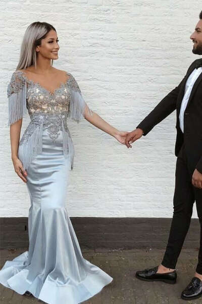 Mermaid V-Neck Short Sleeve Appliques Long Grey Prom Dress PFP0705