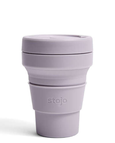 Многоразовый складной силиконовый эко стакан STOJO с крышкой для кофе, чая, воды с собой из пищевого силикона / Стакан для кофе / Кружка для кофе 355 мл, цвет светло-фиолетовый, Lilac