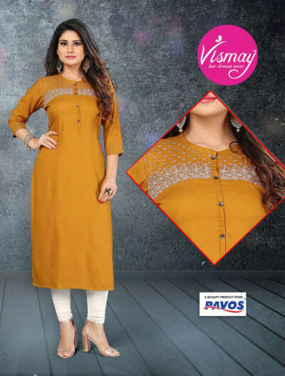 Emroidery Rayon Kurthi in Yellow color shade, makes you elegent