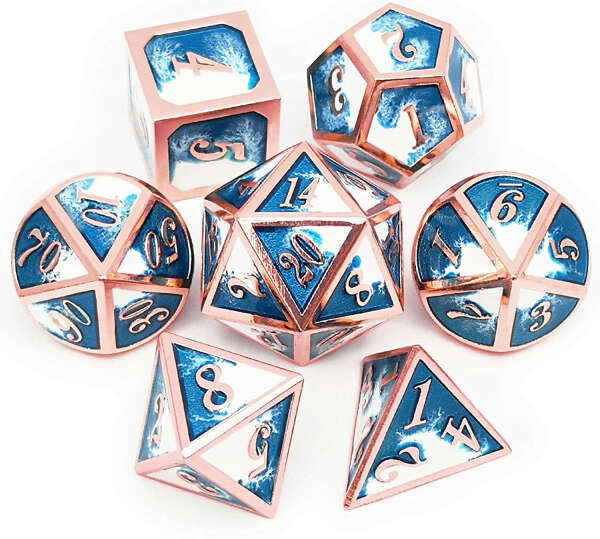 Haxtec Copper Blue White Metal DND Dice Set D&D Dice for Dungeons and Dragons RPG Games-Ice Dragon Bait