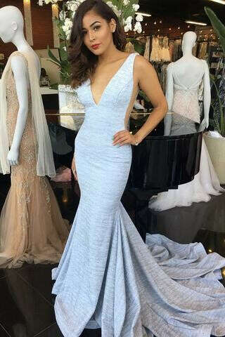 Elegant Mermaid Deep V-Neck Court Train Light Blue Prom Dress PFP0769
