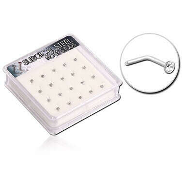 BOX OF 20 SURGICAL STEEL JEWELED 90 DEGREE NOSE STUDS