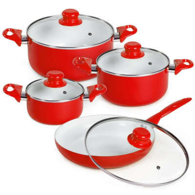 8-Piece Ceramic Cooking Pots Set - Red, Black or Green