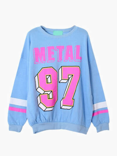 Blue Sweatshirt In Metal 97 Print With Stripe Cuff