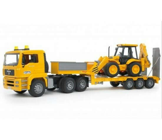 Тягач с прицепом–платформой MAN с колёсным экскаватором–погрузчиком JCB 4CX Bruder