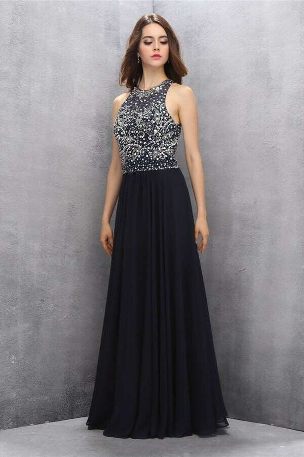 Modest Black Chiffon Beading Charming Long Prom Dresses PFP1162