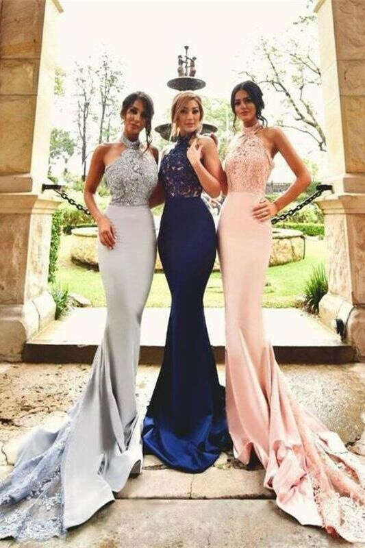 Lace Top Mermaid Long Halter Backless Sexy Bridesmaid Dresses For Weddings PFP0900