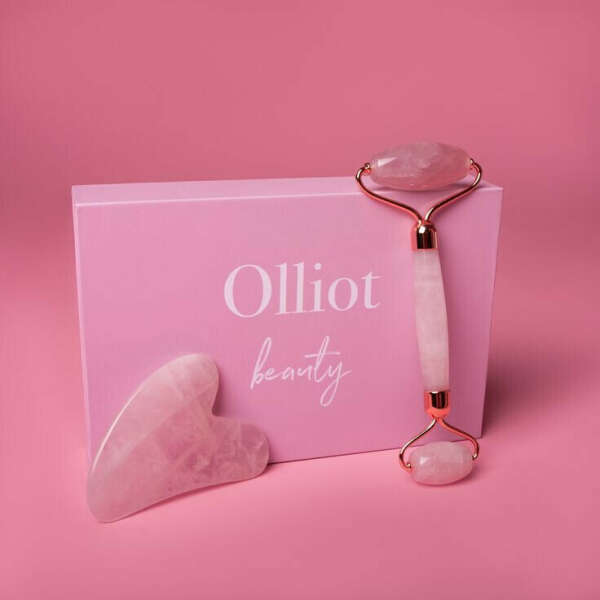 Массажер для лица роликовый из розового кварца, и скребок гуаша для массажа лица и тела Olliot beauty
