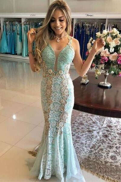 Vintage Mint Lace Mermaid Prom Dresses V Neck Elegant Formal Party Dress PFP0634