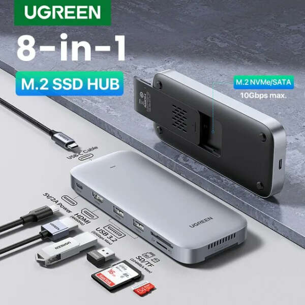 USB-концентратор UGREEN, 10 Гбит/с, M.2, корпус SSD, NVMe, SATA, USB 3,2 C, HDMI, 4K 60 Гц, SD, TF