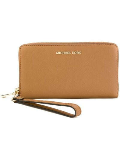 Beige calf leather wrist strap zip wallet from Michael Michael Kors.