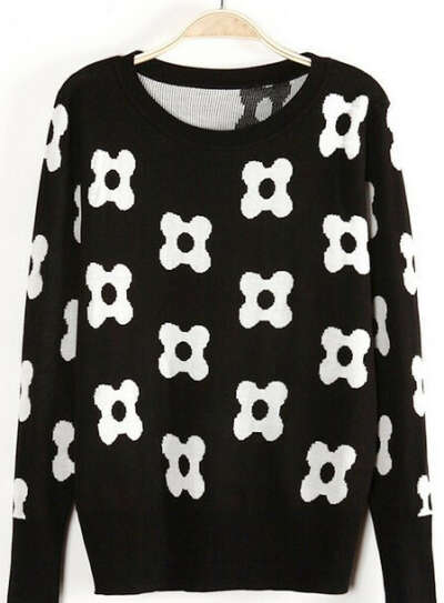 Black Long Sleeve Flower Pattern Knit Sweater - Sheinside.com