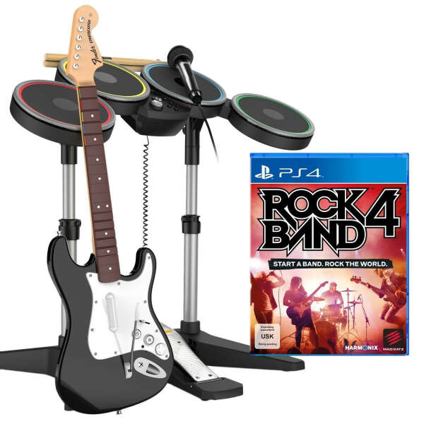 Rock Band 4 Band in a Box Bundle (игра + гитара Fender Stratocaster, барабаны, микрофон) для PS4