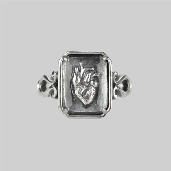 Anatomical Heart Under Glass Ring - Silver