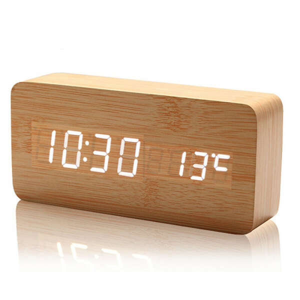 деревянный настольный будильник с термометром и LED-дисплеем