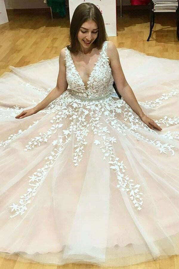 Elegant A-Line V-Neck Long Tulle Backless Wedding Dress with Beading Appliques PFP0883