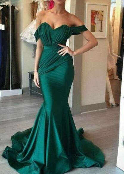 Off Shoulder Emerald Green Mermaid Long Evening Prom Dresses, 17703