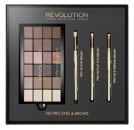 Makeup Revolution  Набор: палетка теней 24 оттенка и три кисти для теней HD PRO EYES & BROWS