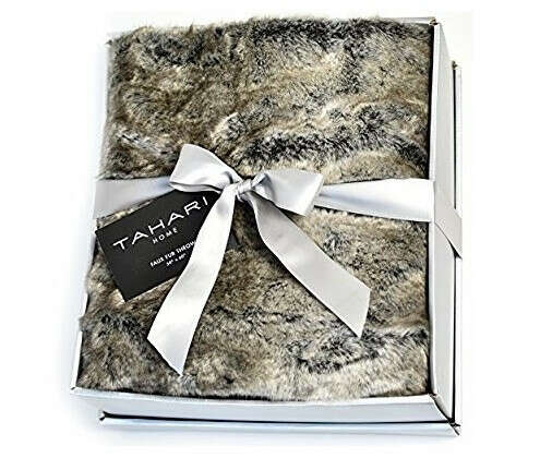 Mink Faux Fur Throw By Tahari Home, Luxury Plush Silver Tipped Gray Blanket (Grey)