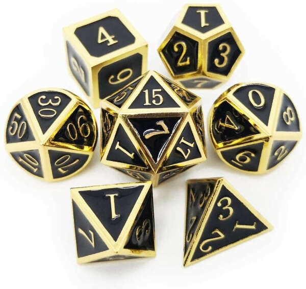 Haxtec DND Metal Dice Set D&D Dice for Dungeons and Dragons Roleplaying Games-Glossy Enamel Dice (Gold Black)