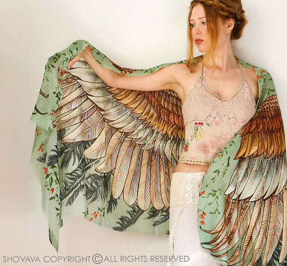 Wings scarf, bohemian bird feathers shawl, vintage green, hand painted, digital print, sarong, perfect gift