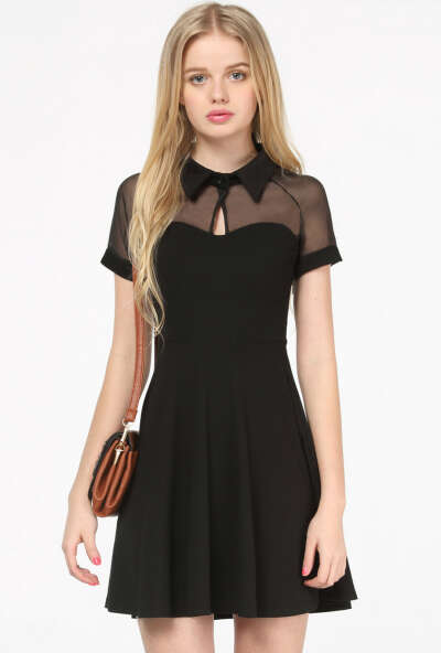 Short Sleeve Mesh Peak Collar Skater Dress