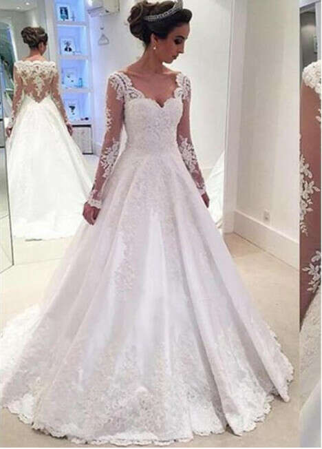 Long Sleeve Lace A-line Cheap Wedding Dresses Online, WD335