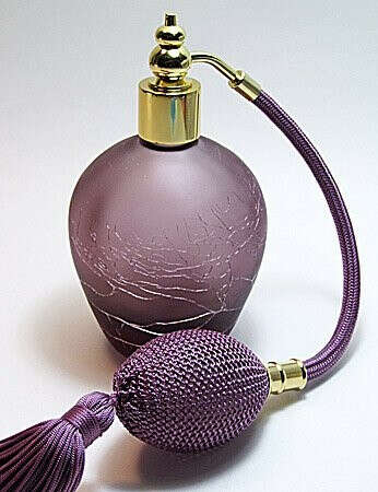 Alice-Aliya Refillable perfume atomizer empty bottle with purple (lavender) squeeze bulb and tassel spray mounting.