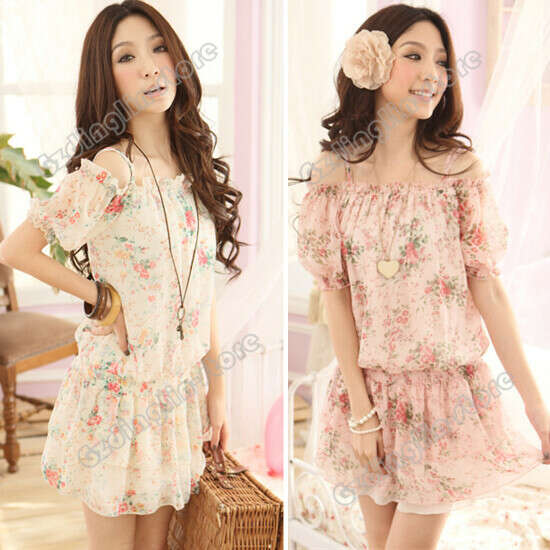 Women&#039;s Ladies Flat Shoulder Short Sleeve Cute Chiffon Sweet Princess Floral Casual Summer Mini Dress Size S Free Shipping 0429-in Dresses from Apparel & Accessories on Aliexpress.com