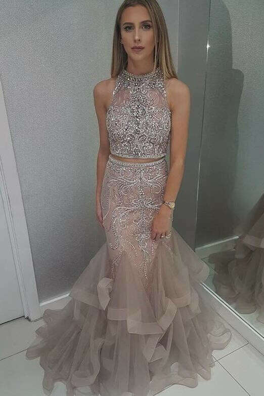 Stunning High Neck Blush Two Piece Prom Dress with Beading PFP0704