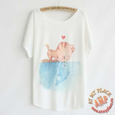 Белая футболка "Котенок и рыбка"
