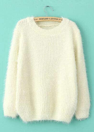 Beige Long Sleeve Shaggy Mohair Loose Sweater