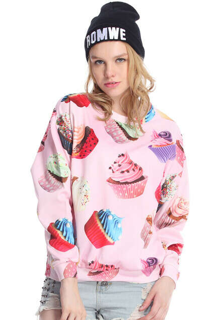 Cup Cakes Print Long-sleeved Pink Sweatshirt