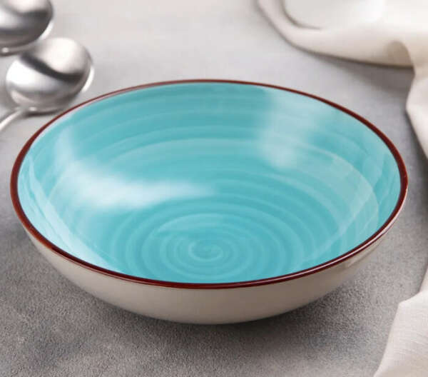 Тарелка глубокая из керамики для подачи блюд и сервировки стола Доляна "Бриз", цвет голубой, 540 мл, диаметр 18 см