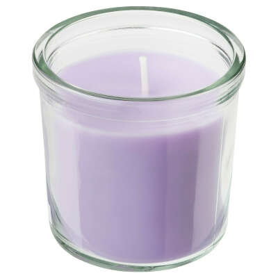 JÄMNMOD Scented candle in glass, Sweet pea/purple, 20 hr - IKEA